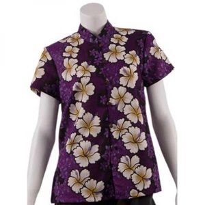 Hilo Hattie Purple Hibiscus Mandarin Blouse